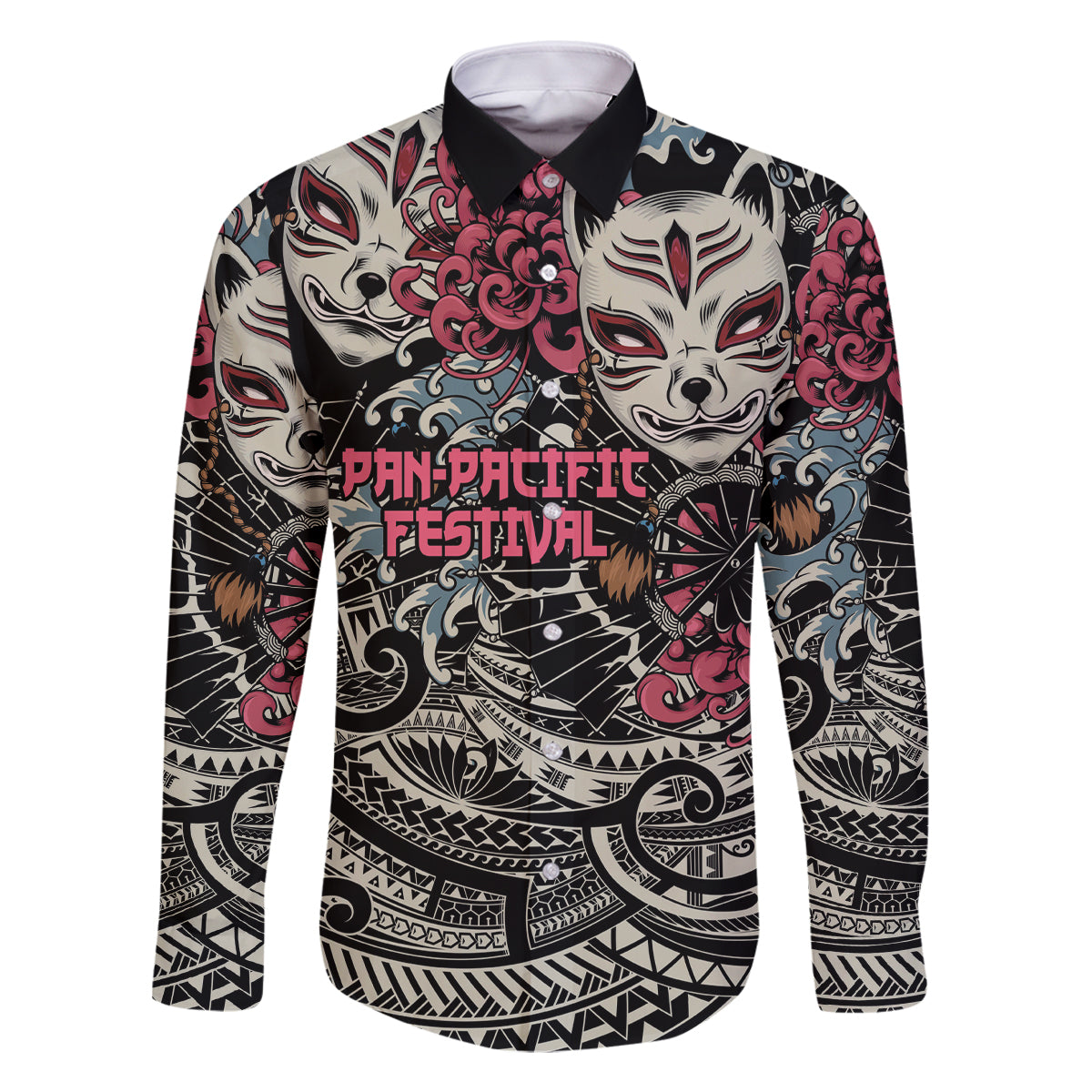 Personalized Japanese Kitsune Mask Family Matching Mermaid Dress and Hawaiian Shirt With Polynesian Arty Style LT9 Dad's Shirt - Long Sleeve Black - Polynesian Pride
