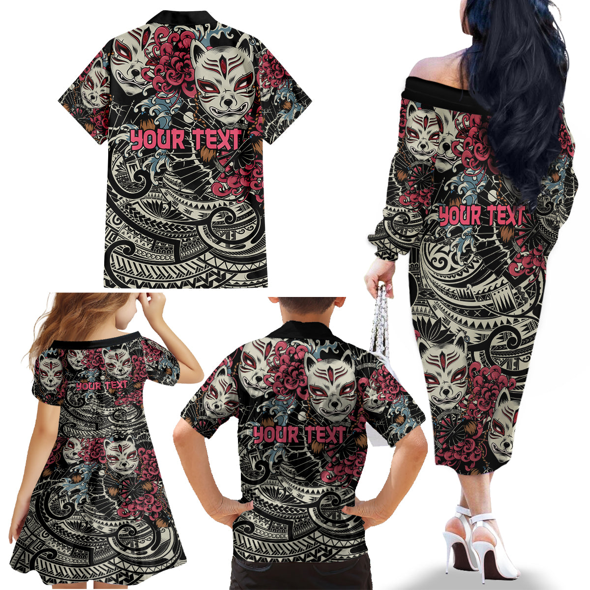 Personalized Japanese Kitsune Mask Family Matching Off The Shoulder Long Sleeve Dress and Hawaiian Shirt With Polynesian Arty Style LT9 - Polynesian Pride