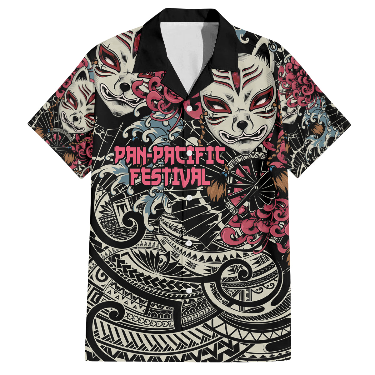 Personalized Japanese Kitsune Mask Family Matching Off The Shoulder Long Sleeve Dress and Hawaiian Shirt With Polynesian Arty Style LT9 Dad's Shirt - Short Sleeve Black - Polynesian Pride