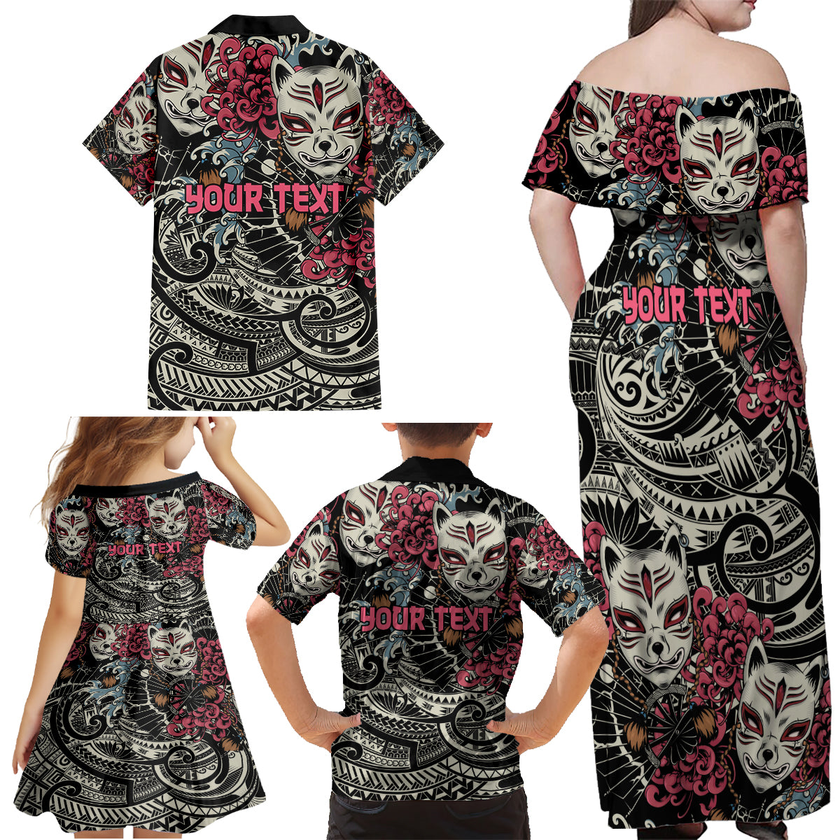 Personalized Japanese Kitsune Mask Family Matching Off Shoulder Maxi Dress and Hawaiian Shirt With Polynesian Arty Style LT9 - Polynesian Pride