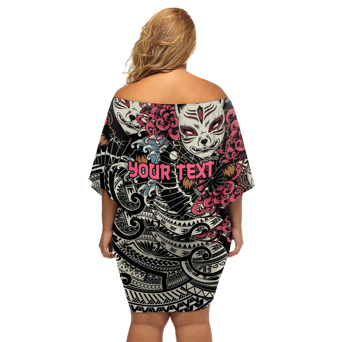 Personalized Japanese Kitsune Mask Family Matching Off Shoulder Short Dress and Hawaiian Shirt With Polynesian Arty Style LT9 - Polynesian Pride