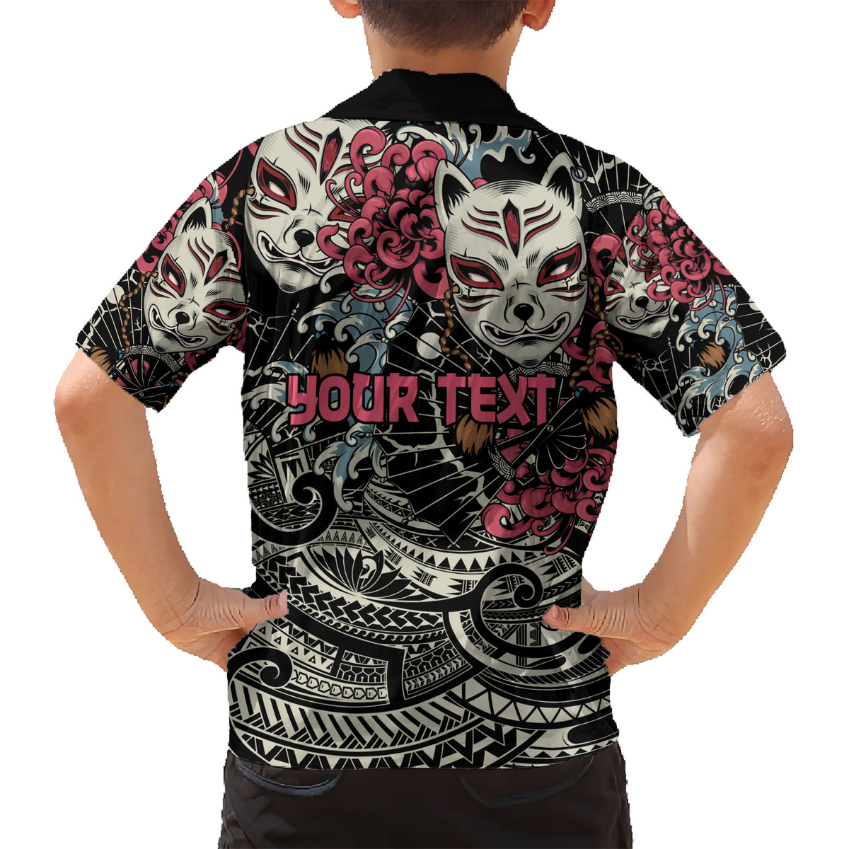 Personalized Japanese Kitsune Mask Family Matching Short Sleeve Bodycon Dress and Hawaiian Shirt With Polynesian Arty Style LT9 - Polynesian Pride