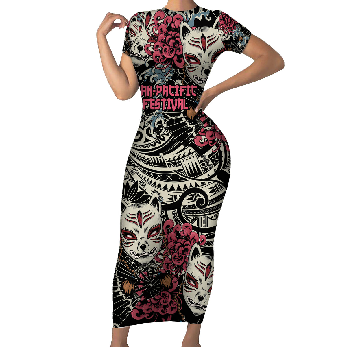 Personalized Japanese Kitsune Mask Family Matching Short Sleeve Bodycon Dress and Hawaiian Shirt With Polynesian Arty Style LT9 Mom's Dress Black - Polynesian Pride