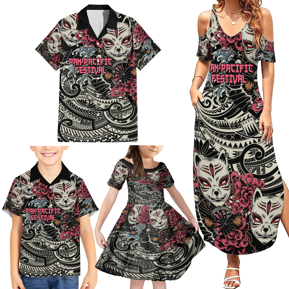 Personalized Japanese Kitsune Mask Family Matching Summer Maxi Dress and Hawaiian Shirt With Polynesian Arty Style LT9 - Polynesian Pride