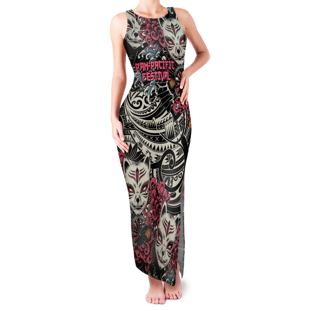 Personalized Japanese Kitsune Mask Family Matching Tank Maxi Dress and Hawaiian Shirt With Polynesian Arty Style LT9 Mom's Dress Black - Polynesian Pride