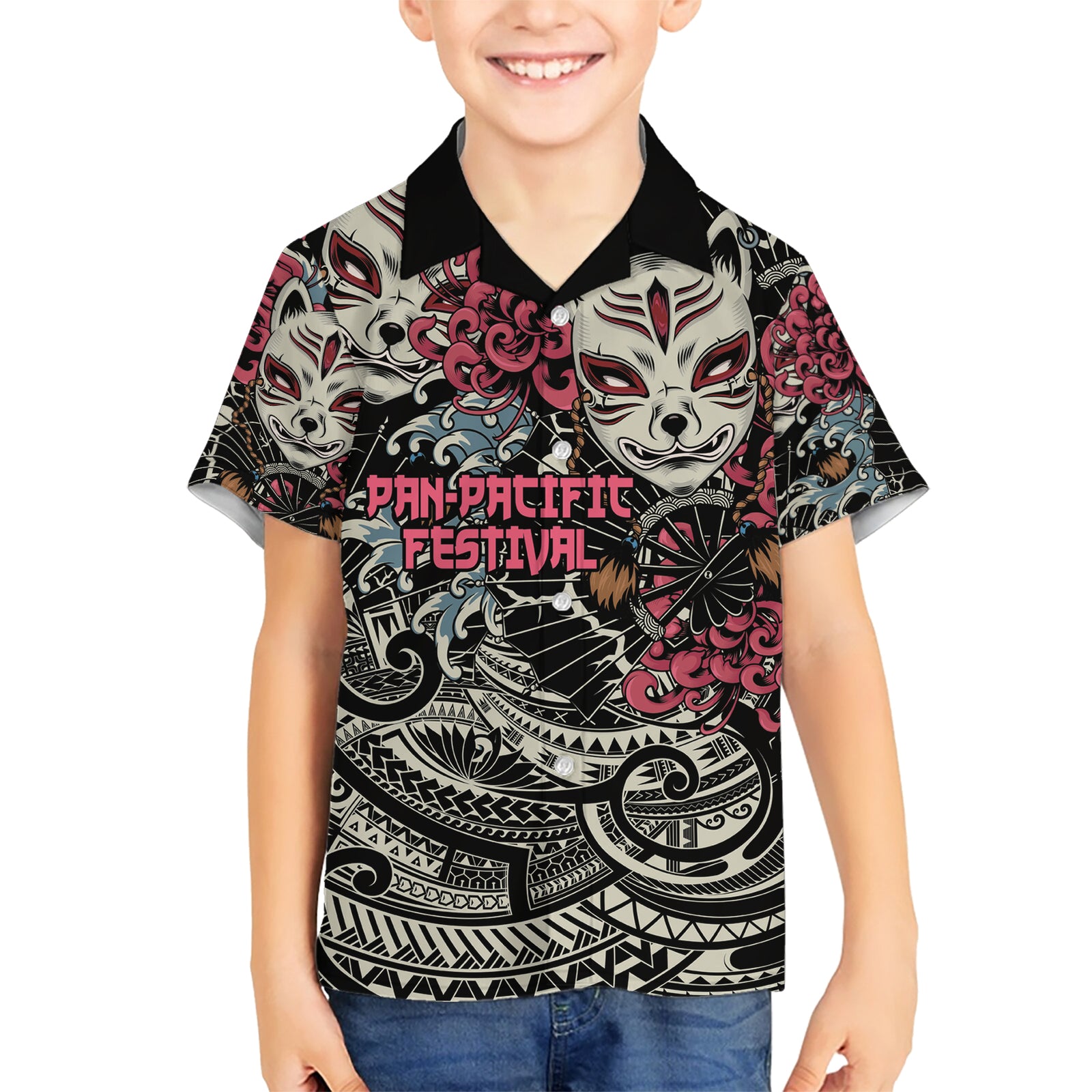 Personalized Japanese Kitsune Mask Kid Hawaiian Shirt With Polynesian Arty Style LT9 Kid Black - Polynesian Pride