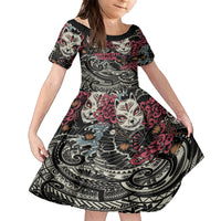 Personalized Japanese Kitsune Mask Kid Short Sleeve Dress With Polynesian Arty Style LT9 KID Black - Polynesian Pride