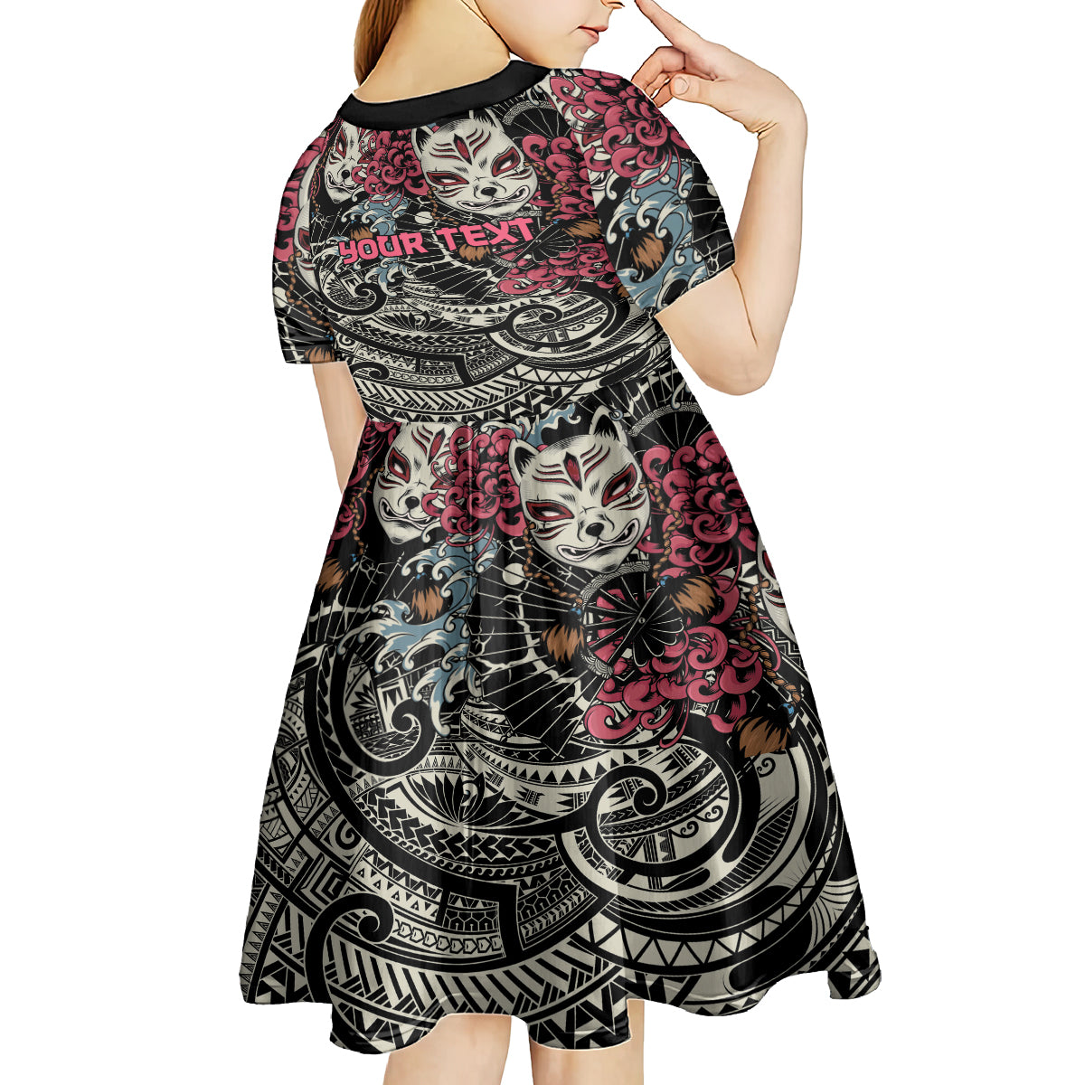 Personalized Japanese Kitsune Mask Kid Short Sleeve Dress With Polynesian Arty Style LT9 - Polynesian Pride