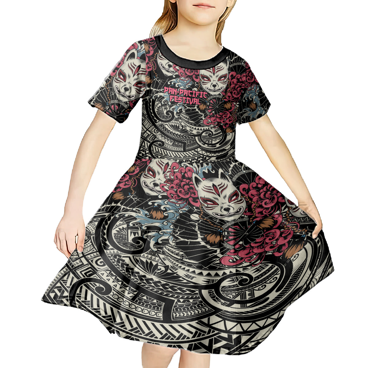 Personalized Japanese Kitsune Mask Kid Short Sleeve Dress With Polynesian Arty Style LT9 - Polynesian Pride
