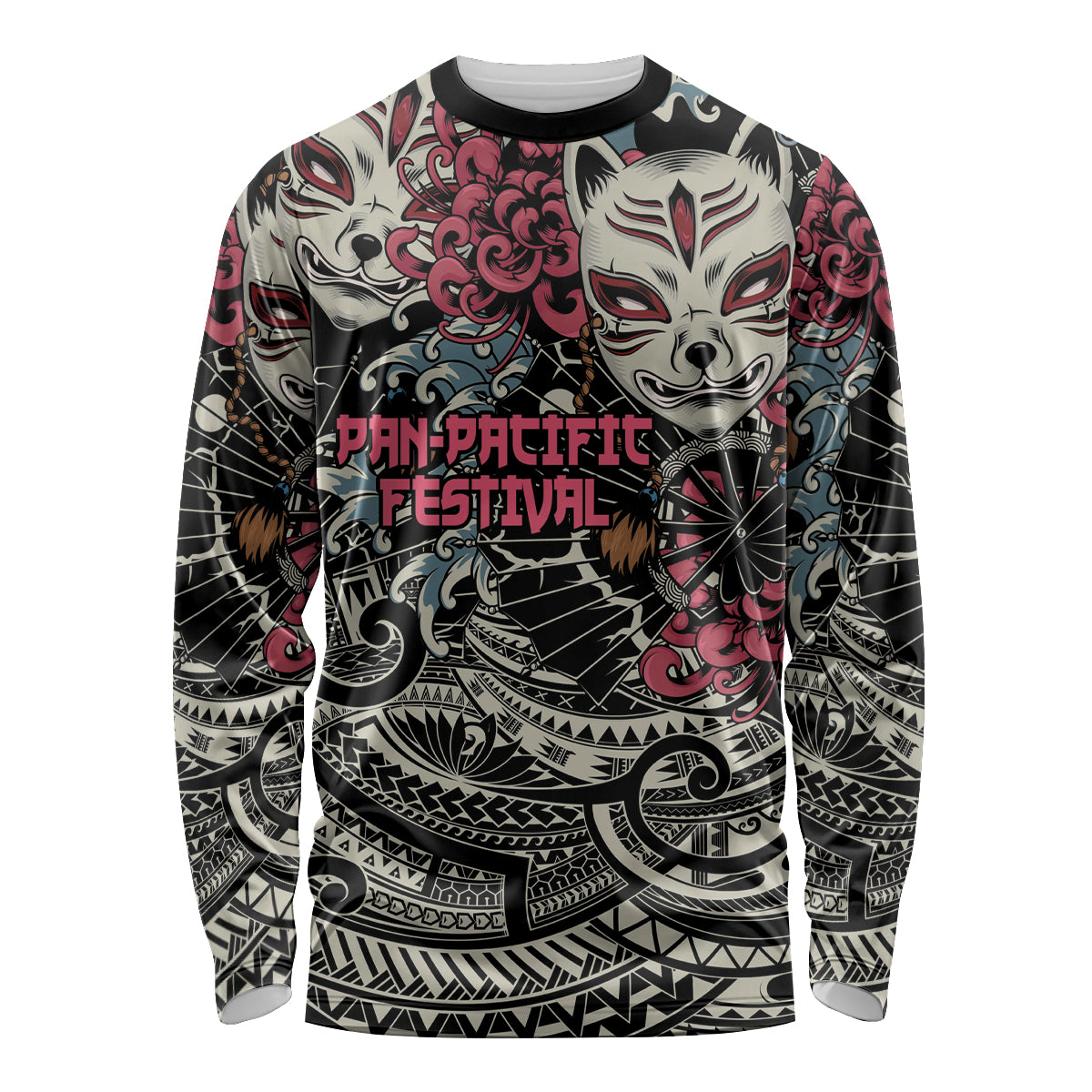 Personalized Japanese Kitsune Mask Long Sleeve Shirt With Polynesian Arty Style LT9 Unisex Black - Polynesian Pride
