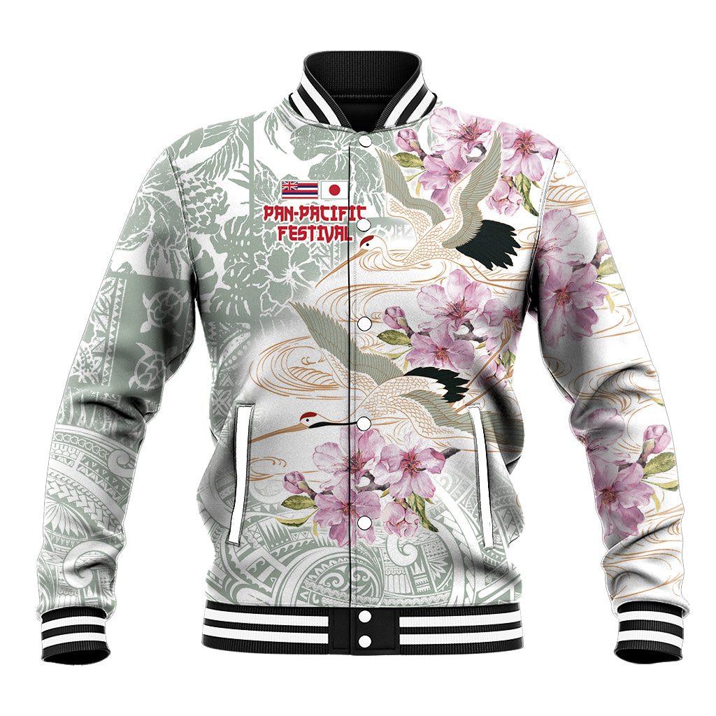 Personalized Japanese Shirasagi Bird Baseball Jacket Sakura and Hibiscus Polynesian Pattern