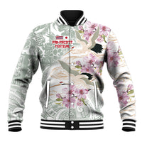 Personalized Japanese Shirasagi Bird Baseball Jacket Sakura and Hibiscus Polynesian Pattern