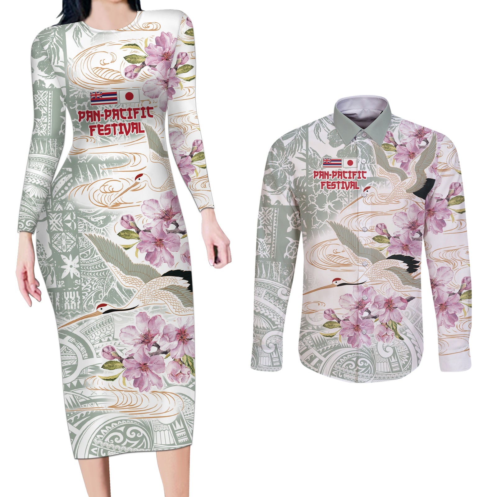 Personalized Japanese Shirasagi Bird Couples Matching Long Sleeve Bodycon Dress and Long Sleeve Button Shirt Sakura and Hibiscus Polynesian Pattern LT9 White - Polynesian Pride