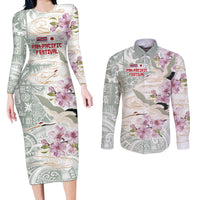 Personalized Japanese Shirasagi Bird Couples Matching Long Sleeve Bodycon Dress and Long Sleeve Button Shirt Sakura and Hibiscus Polynesian Pattern