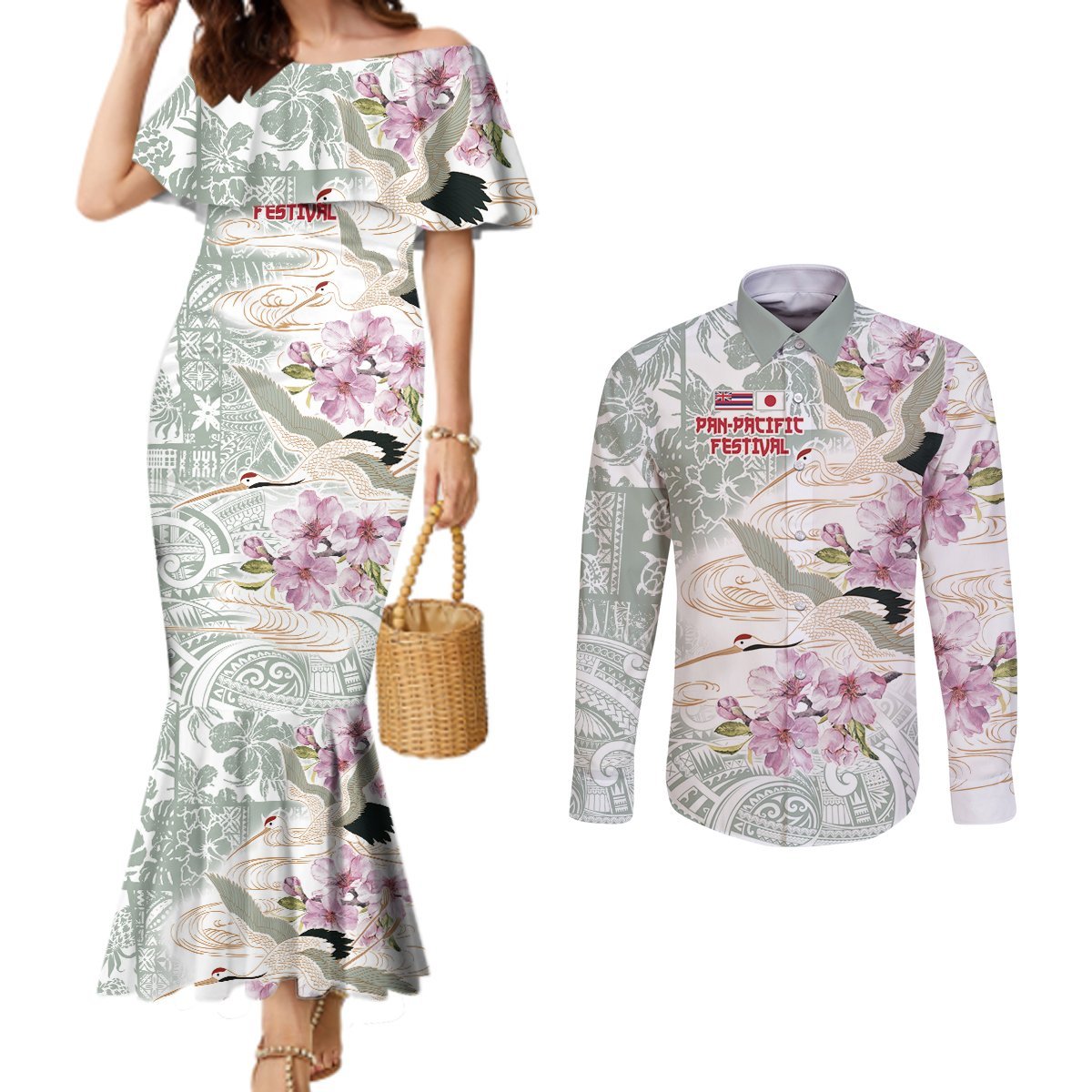 Personalized Japanese Shirasagi Bird Couples Matching Mermaid Dress and Long Sleeve Button Shirt Sakura and Hibiscus Polynesian Pattern LT9 White - Polynesian Pride