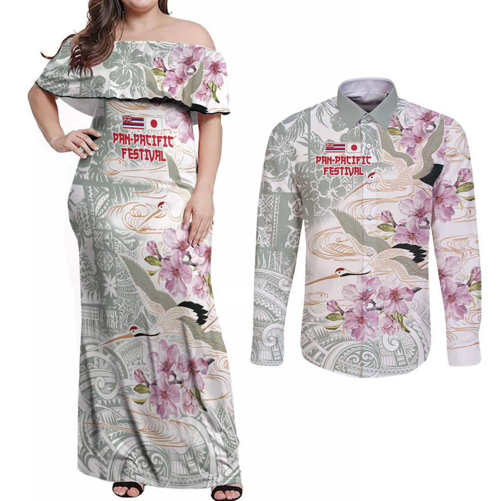 Personalized Japanese Shirasagi Bird Couples Matching Off Shoulder Maxi Dress and Long Sleeve Button Shirt Sakura and Hibiscus Polynesian Pattern LT9 White - Polynesian Pride