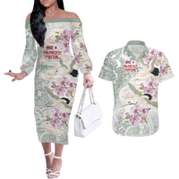 Personalized Japanese Shirasagi Bird Couples Matching Off The Shoulder Long Sleeve Dress and Hawaiian Shirt Sakura and Hibiscus Polynesian Pattern LT9 White - Polynesian Pride