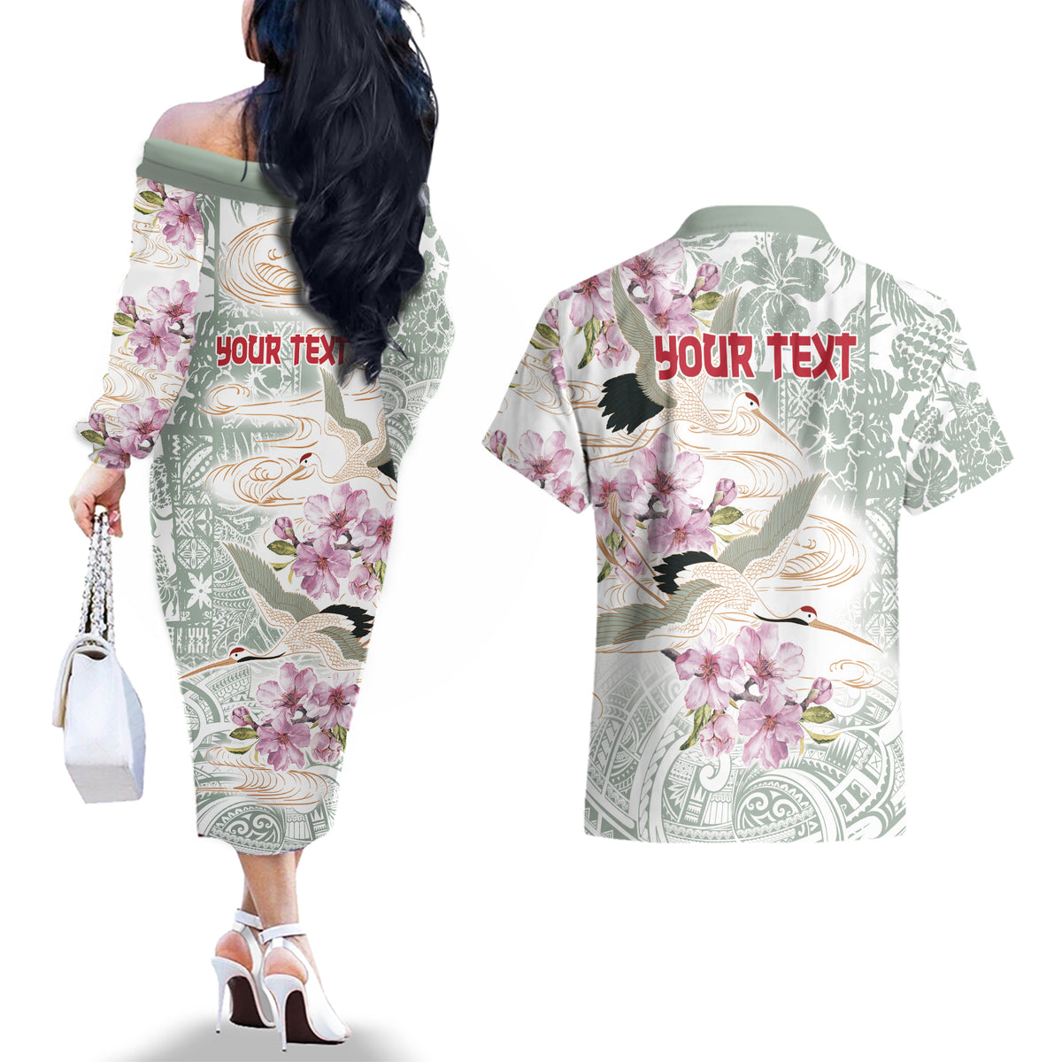 Personalized Japanese Shirasagi Bird Couples Matching Off The Shoulder Long Sleeve Dress and Hawaiian Shirt Sakura and Hibiscus Polynesian Pattern LT9 - Polynesian Pride