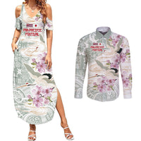 Personalized Japanese Shirasagi Bird Couples Matching Summer Maxi Dress and Long Sleeve Button Shirt Sakura and Hibiscus Polynesian Pattern LT9 White - Polynesian Pride