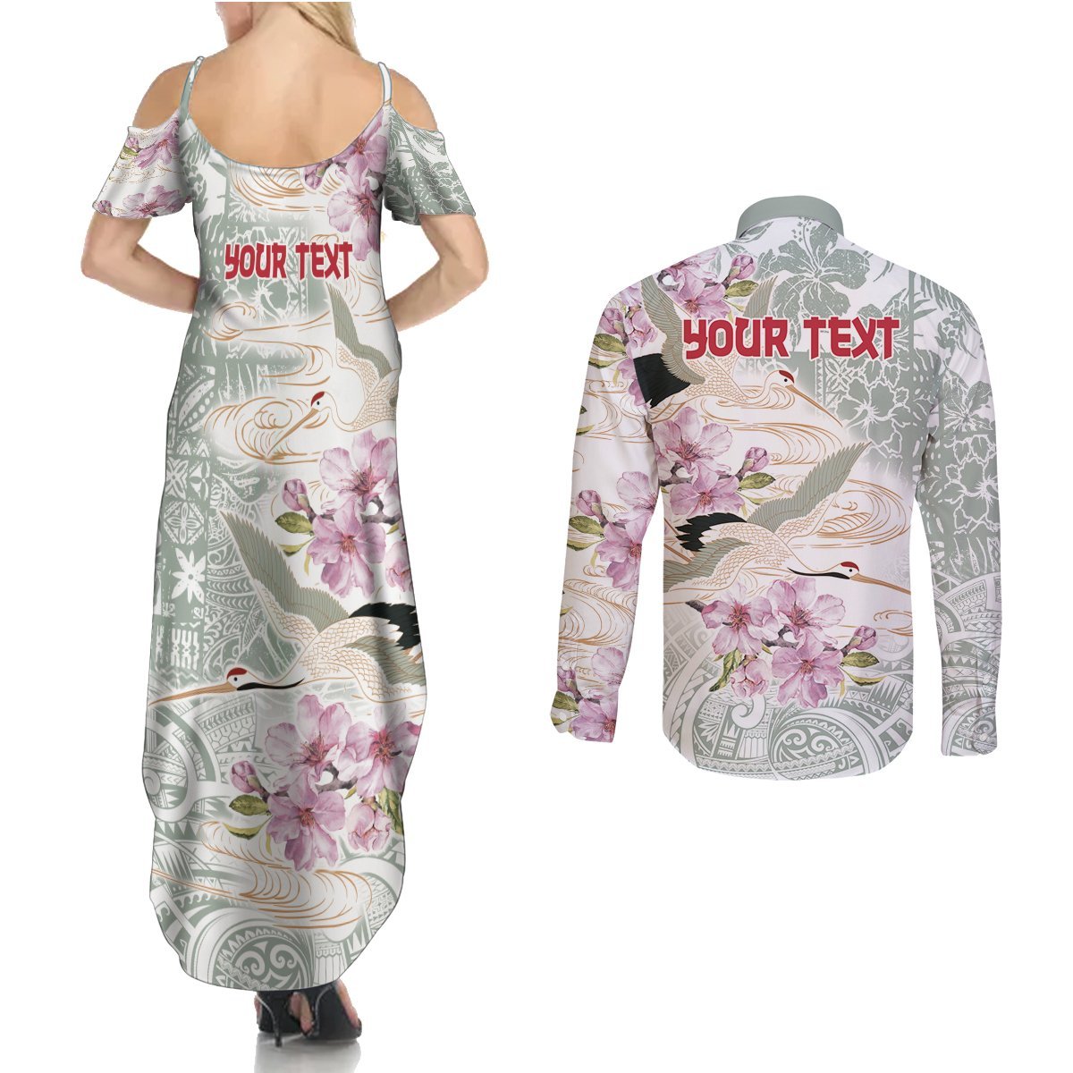 Personalized Japanese Shirasagi Bird Couples Matching Summer Maxi Dress and Long Sleeve Button Shirt Sakura and Hibiscus Polynesian Pattern LT9 - Polynesian Pride