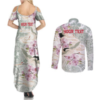 Personalized Japanese Shirasagi Bird Couples Matching Summer Maxi Dress and Long Sleeve Button Shirt Sakura and Hibiscus Polynesian Pattern LT9 - Polynesian Pride