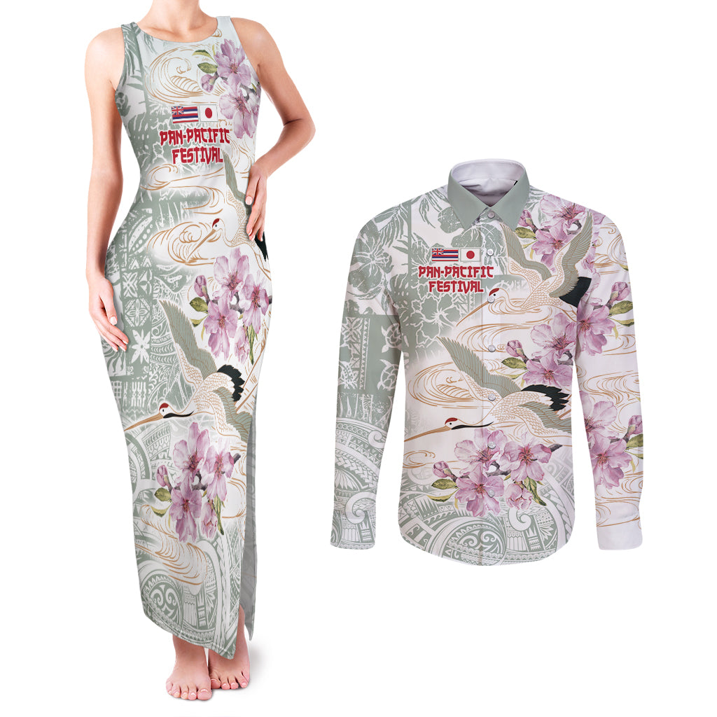 Personalized Japanese Shirasagi Bird Couples Matching Tank Maxi Dress and Long Sleeve Button Shirt Sakura and Hibiscus Polynesian Pattern LT9 White - Polynesian Pride