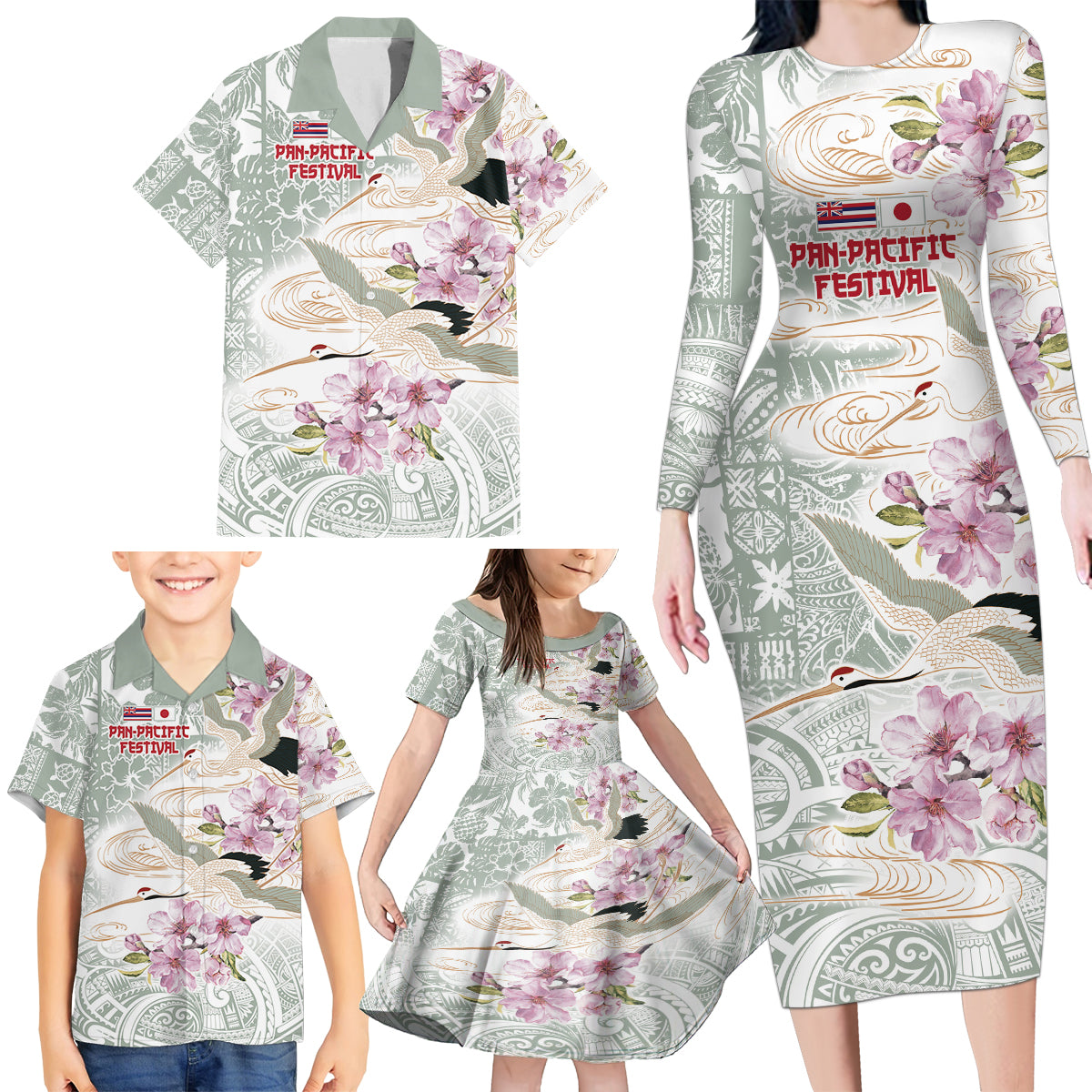 Personalized Japanese Shirasagi Bird Family Matching Long Sleeve Bodycon Dress and Hawaiian Shirt Sakura and Hibiscus Polynesian Pattern LT9 - Polynesian Pride