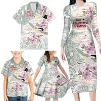 Personalized Japanese Shirasagi Bird Family Matching Long Sleeve Bodycon Dress and Hawaiian Shirt Sakura and Hibiscus Polynesian Pattern LT9 - Polynesian Pride