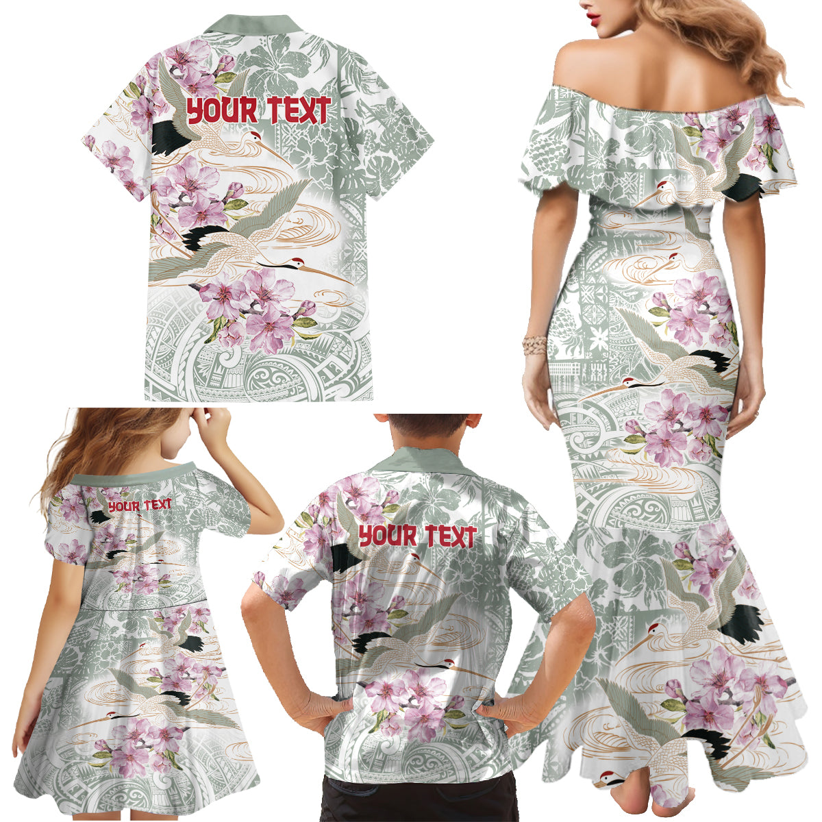 Personalized Japanese Shirasagi Bird Family Matching Mermaid Dress and Hawaiian Shirt Sakura and Hibiscus Polynesian Pattern LT9 - Polynesian Pride