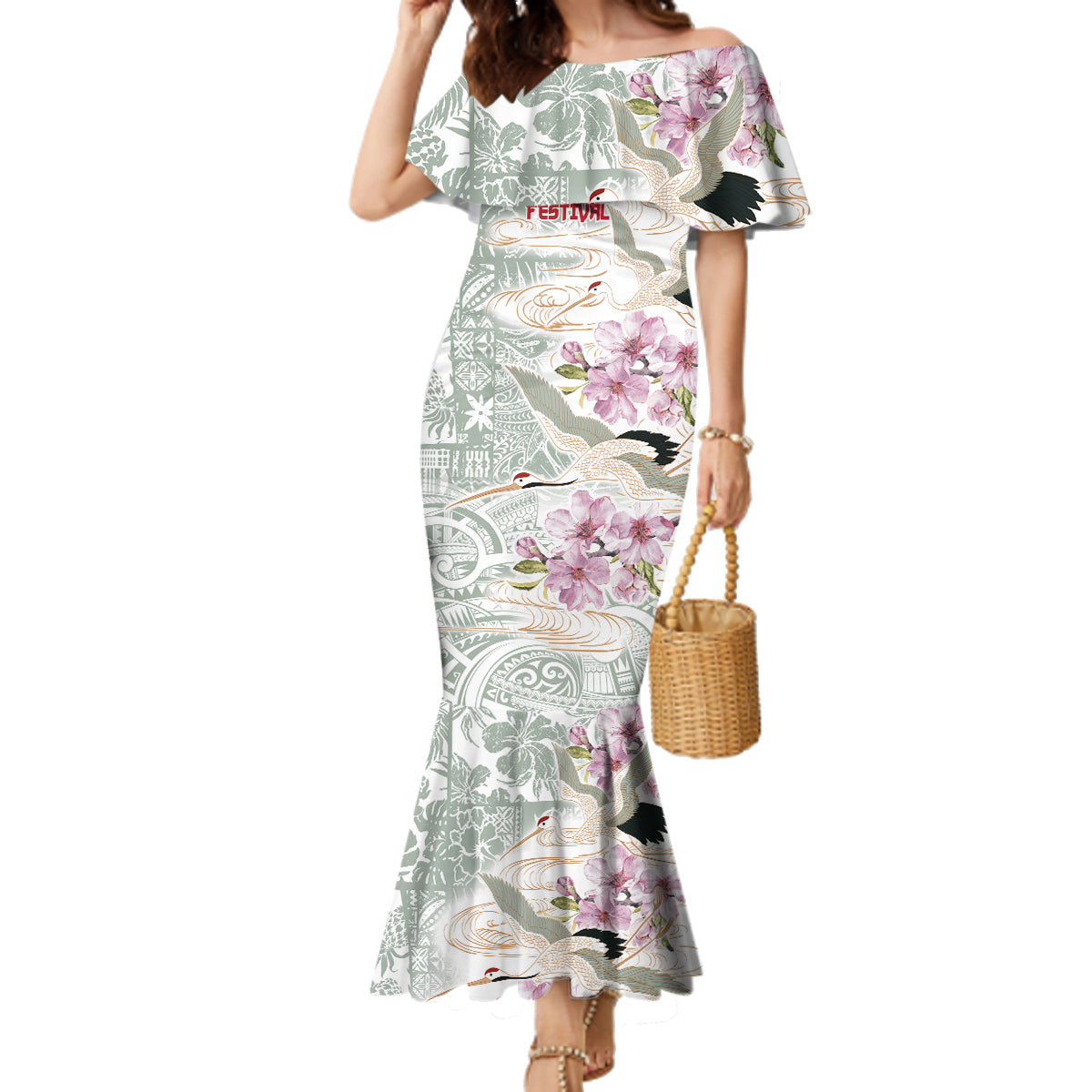 Personalized Japanese Shirasagi Bird Family Matching Mermaid Dress and Hawaiian Shirt Sakura and Hibiscus Polynesian Pattern LT9 Mom's Dress White - Polynesian Pride