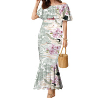 Personalized Japanese Shirasagi Bird Family Matching Mermaid Dress and Hawaiian Shirt Sakura and Hibiscus Polynesian Pattern LT9 Mom's Dress White - Polynesian Pride