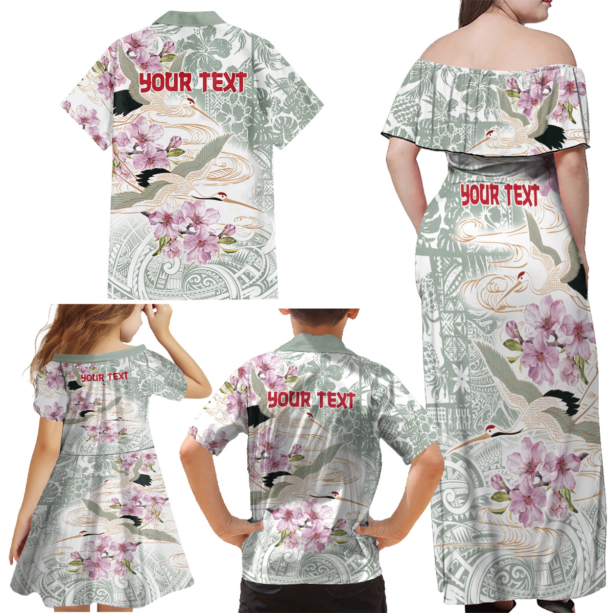Personalized Japanese Shirasagi Bird Family Matching Off Shoulder Maxi Dress and Hawaiian Shirt Sakura and Hibiscus Polynesian Pattern LT9 - Polynesian Pride