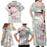 Personalized Japanese Shirasagi Bird Family Matching Off Shoulder Maxi Dress and Hawaiian Shirt Sakura and Hibiscus Polynesian Pattern LT9 - Polynesian Pride