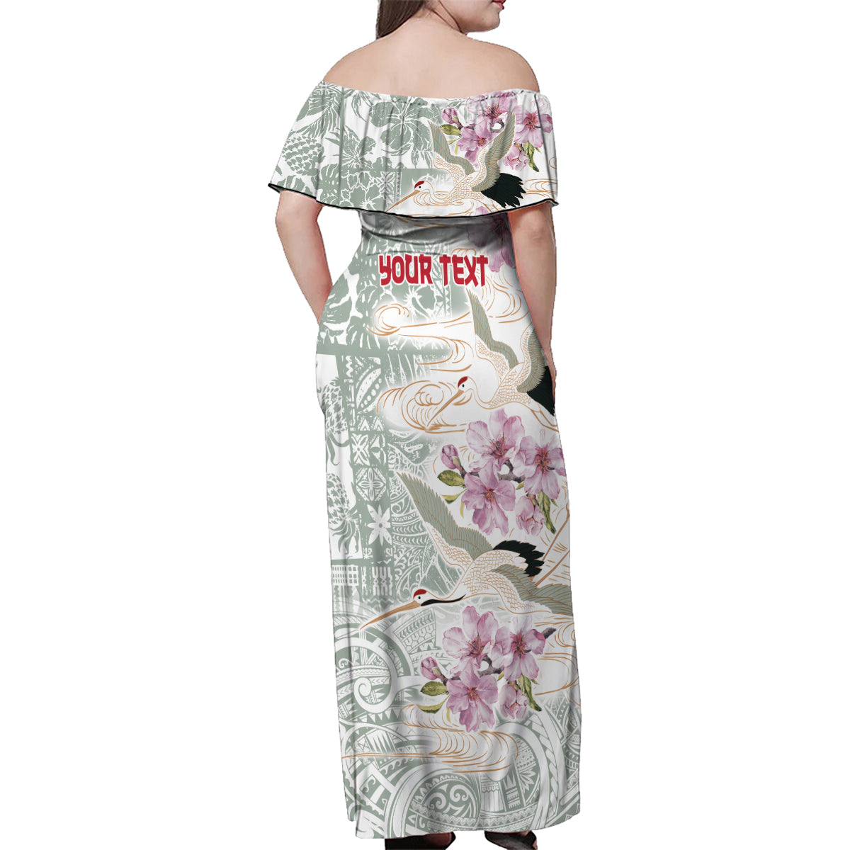 Personalized Japanese Shirasagi Bird Family Matching Off Shoulder Maxi Dress and Hawaiian Shirt Sakura and Hibiscus Polynesian Pattern LT9 - Polynesian Pride