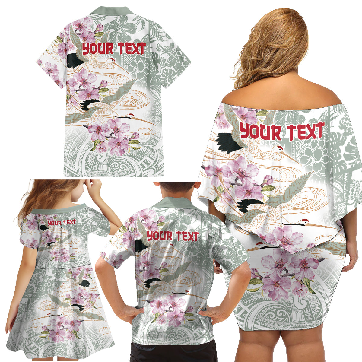 Personalized Japanese Shirasagi Bird Family Matching Off Shoulder Short Dress and Hawaiian Shirt Sakura and Hibiscus Polynesian Pattern LT9 - Polynesian Pride