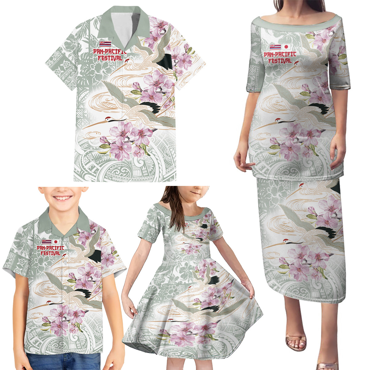 Personalized Japanese Shirasagi Bird Family Matching Puletasi and Hawaiian Shirt Sakura and Hibiscus Polynesian Pattern LT9 - Polynesian Pride