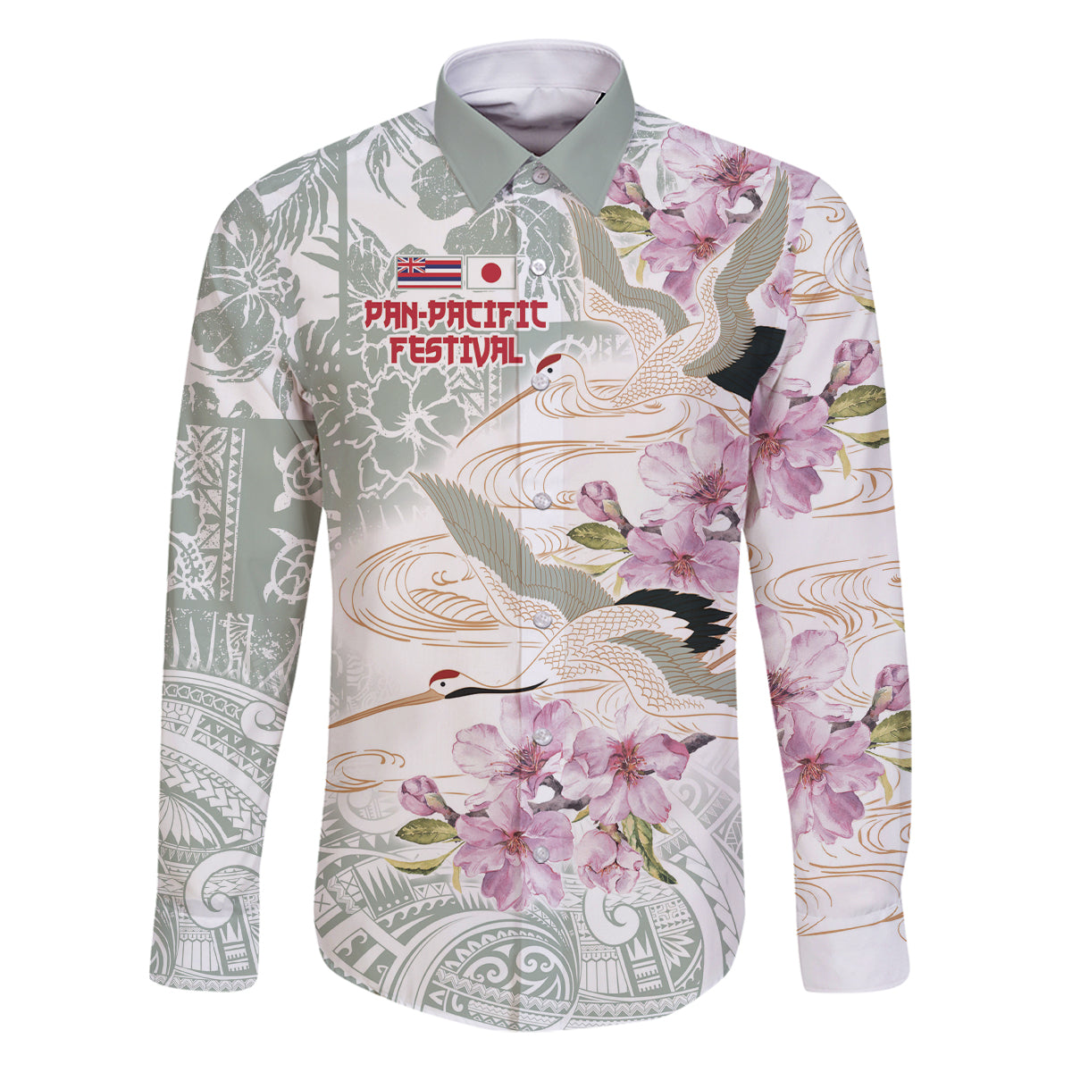Personalized Japanese Shirasagi Bird Family Matching Puletasi and Hawaiian Shirt Sakura and Hibiscus Polynesian Pattern LT9 Dad's Shirt - Long Sleeve White - Polynesian Pride