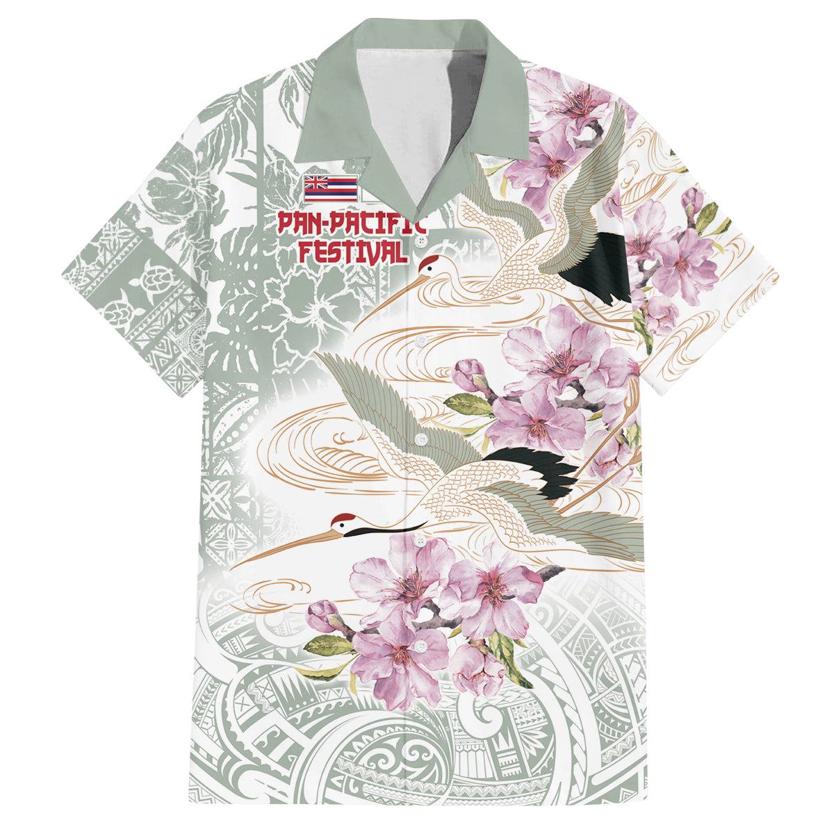 Personalized Japanese Shirasagi Bird Family Matching Summer Maxi Dress and Hawaiian Shirt Sakura and Hibiscus Polynesian Pattern LT9 Dad's Shirt - Short Sleeve White - Polynesian Pride
