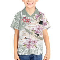 Personalized Japanese Shirasagi Bird Family Matching Tank Maxi Dress and Hawaiian Shirt Sakura and Hibiscus Polynesian Pattern LT9 Son's Shirt White - Polynesian Pride