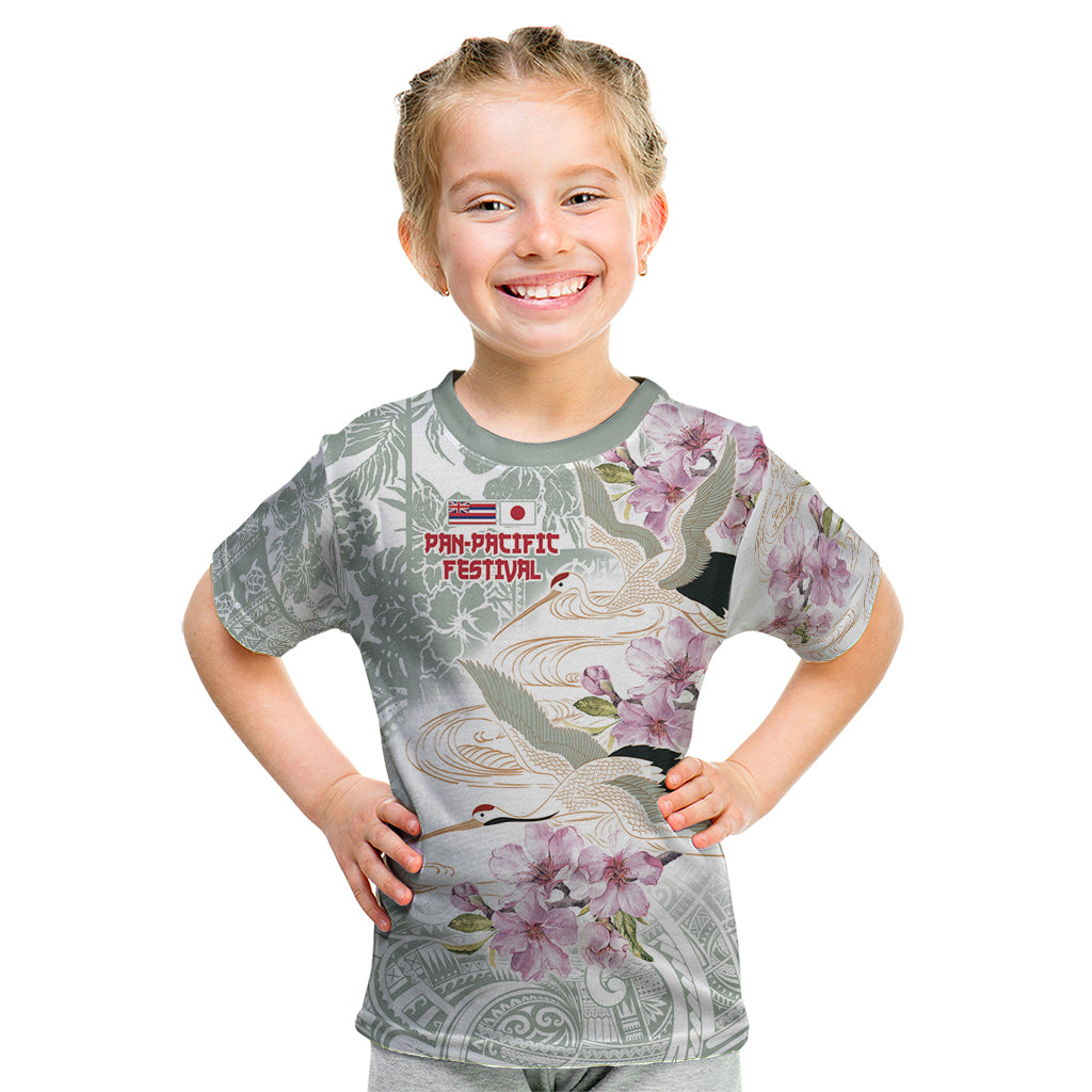 Personalized Japanese Shirasagi Bird Kid T Shirt Sakura and Hibiscus Polynesian Pattern LT9 White - Polynesian Pride