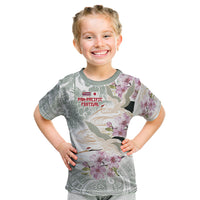 Personalized Japanese Shirasagi Bird Kid T Shirt Sakura and Hibiscus Polynesian Pattern LT9 White - Polynesian Pride