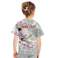 Personalized Japanese Shirasagi Bird Kid T Shirt Sakura and Hibiscus Polynesian Pattern LT9 - Polynesian Pride