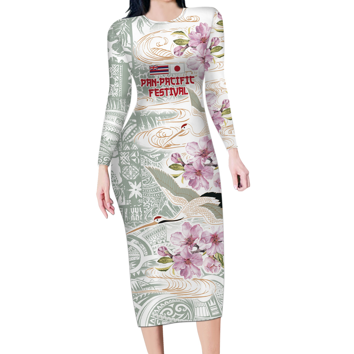 Personalized Japanese Shirasagi Bird Long Sleeve Bodycon Dress Sakura and Hibiscus Polynesian Pattern LT9 Long Dress White - Polynesian Pride