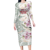 Personalized Japanese Shirasagi Bird Long Sleeve Bodycon Dress Sakura and Hibiscus Polynesian Pattern LT9 Long Dress White - Polynesian Pride