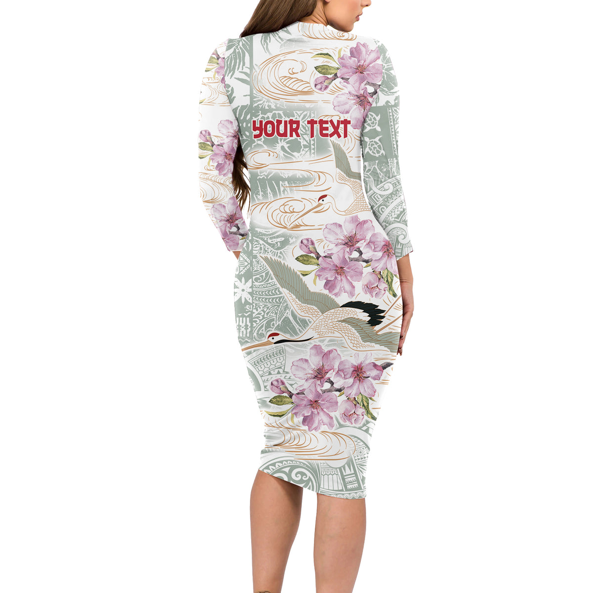 Personalized Japanese Shirasagi Bird Long Sleeve Bodycon Dress Sakura and Hibiscus Polynesian Pattern LT9 - Polynesian Pride