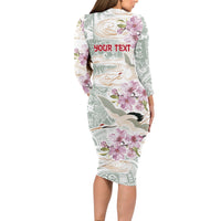 Personalized Japanese Shirasagi Bird Long Sleeve Bodycon Dress Sakura and Hibiscus Polynesian Pattern LT9 - Polynesian Pride