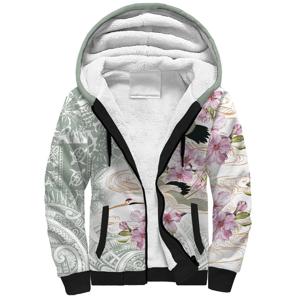 Personalized Japanese Shirasagi Bird Sherpa Hoodie Sakura and Hibiscus Polynesian Pattern LT9 Unisex White - Polynesian Pride