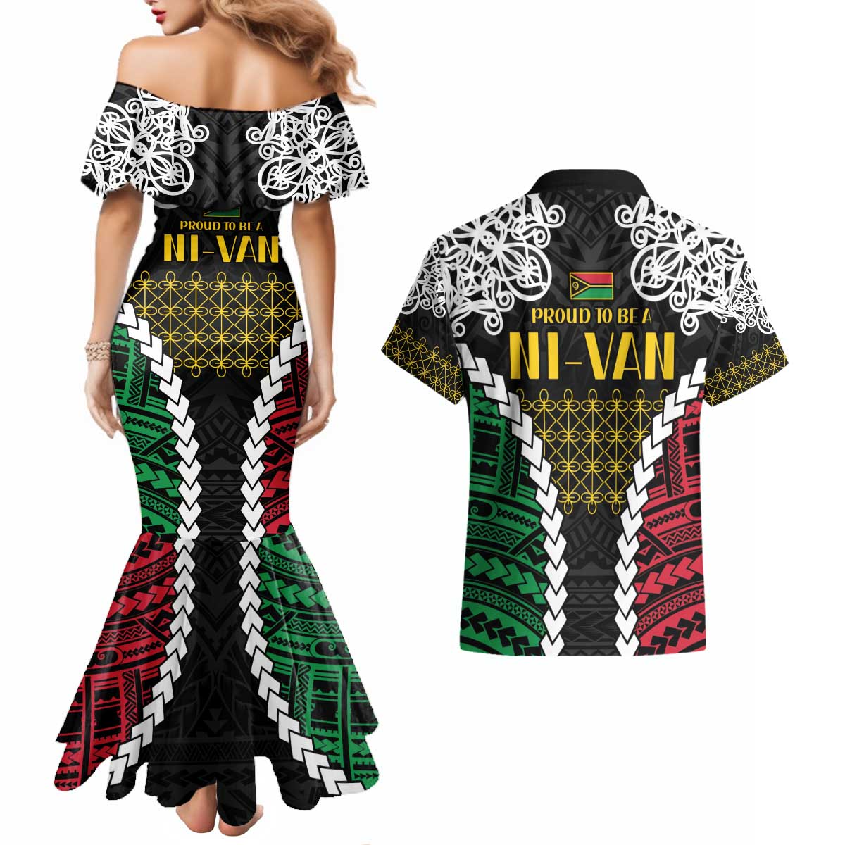 Halo Vanuatu Pride Couples Matching Mermaid Dress and Hawaiian Shirt Vanuatuan Sand Drawing Pattern