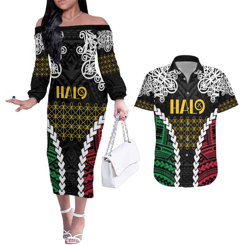 Halo Vanuatu Pride Couples Matching Off The Shoulder Long Sleeve Dress and Hawaiian Shirt Vanuatuan Sand Drawing Pattern LT9 Black - Polynesian Pride