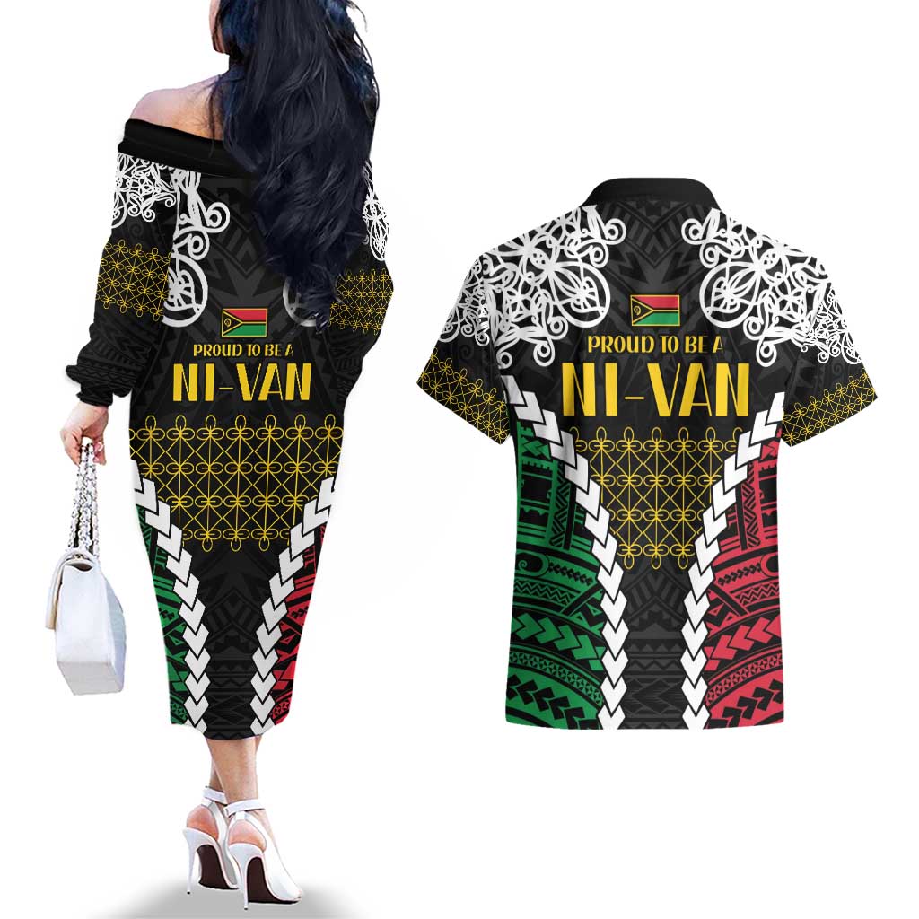 Halo Vanuatu Pride Couples Matching Off The Shoulder Long Sleeve Dress and Hawaiian Shirt Vanuatuan Sand Drawing Pattern LT9 - Polynesian Pride